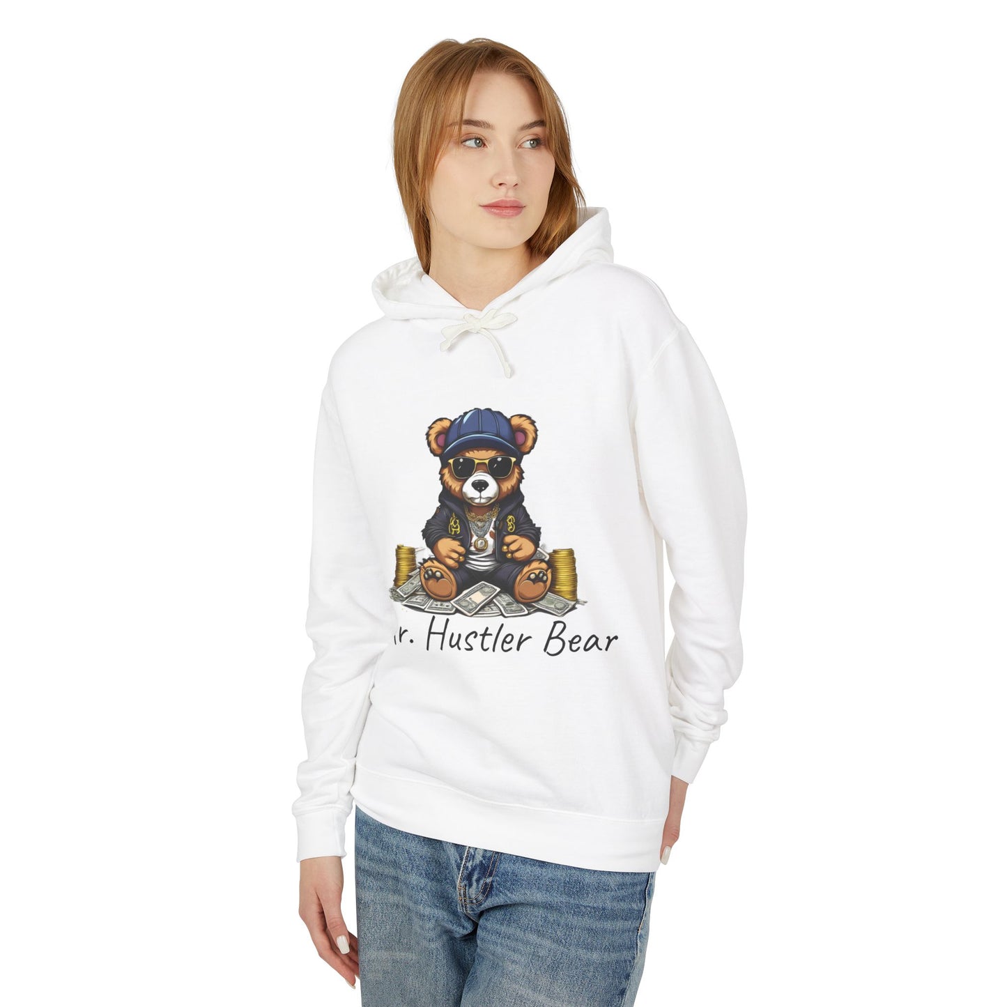 White Mr Hustler Bear Lightweight Hooded Sweatshirt