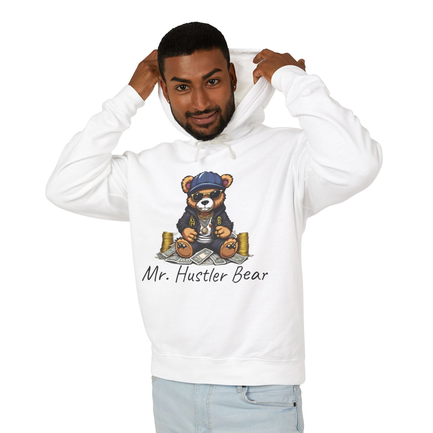 White Mr Hustler Bear Lightweight Hooded Sweatshirt